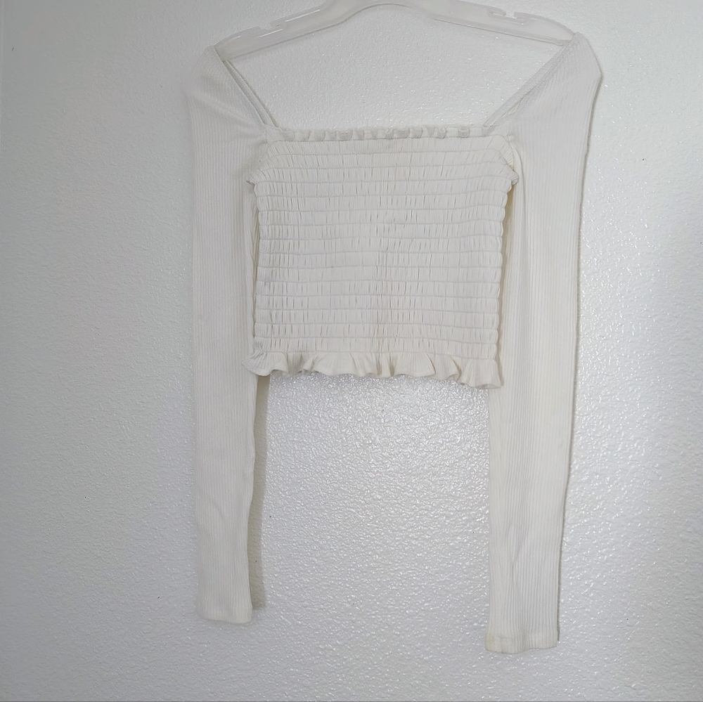 Reformation Creamy Smocked Crop Top Square Neck Sz S Stretch Long Sleeves